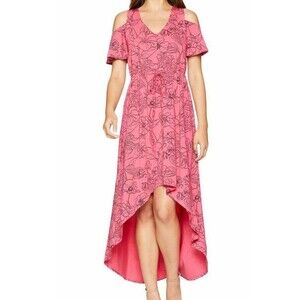 NEW  Mod-O-Doc Women's  Cinch Waist Hi-Lo V Neck Midi Dress  M  Desert Rose